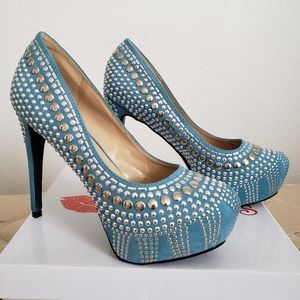 Silver Studded Teal Platform Heel